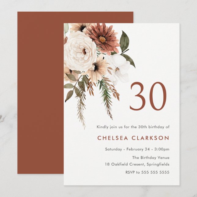 Terracotta & White Boho Floral 30th Birthday Party Invitation (Front/Back)