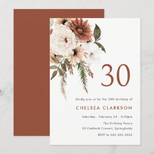 Terracotta & White Boho Floral 30th Birthday Party Invitation