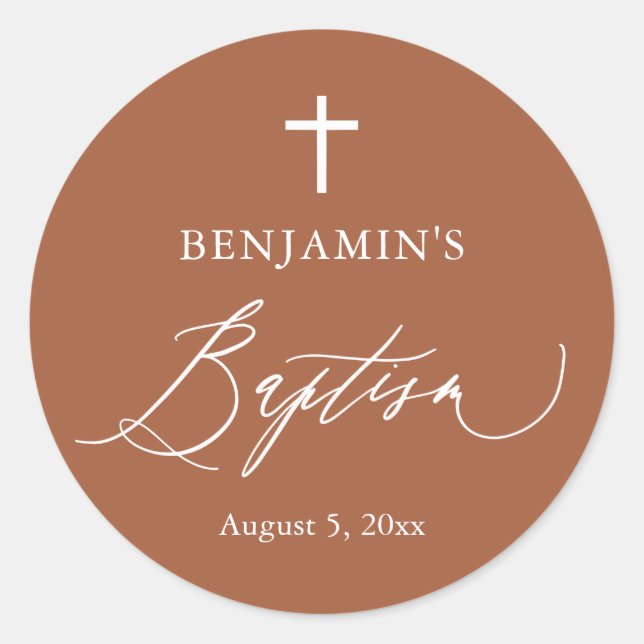 Terracotta White Cross Boy Baptism Round Sticker (Front)