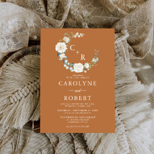 Terracotta & White Floral Monogram Wreath Wedding Invitation