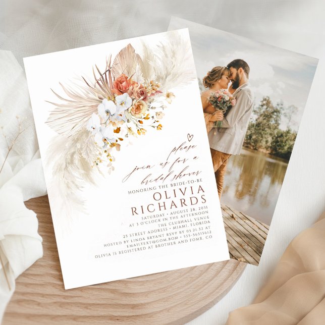 Terracotta White Flowers Boho Bridal Shower Photo Invitation (Creator Uploaded)