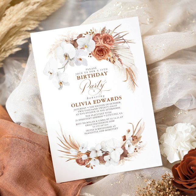 Terracotta White Flowers Boho Chic Birthday Party Invitation (Terracotta Birthday Invitations)