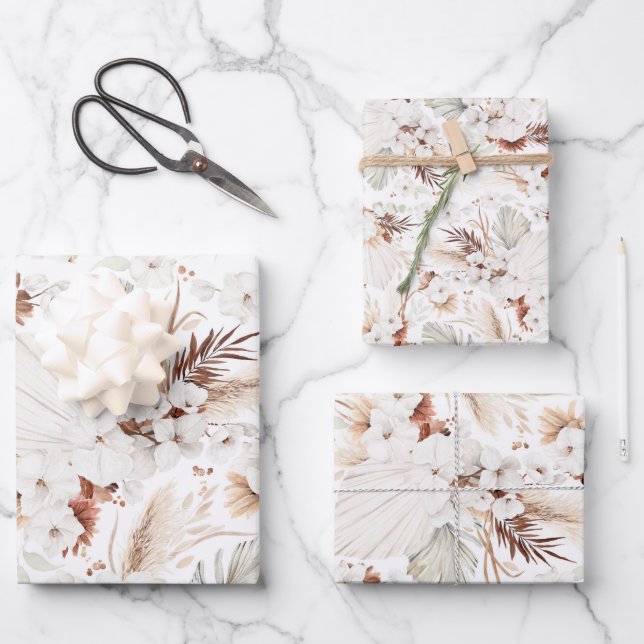 Terracotta White Flowers Botanical Boho Elegant Wrapping Paper Sheet (Front)