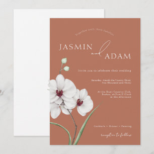 Terracotta White Orchid Initials Floral Wedding Invitation