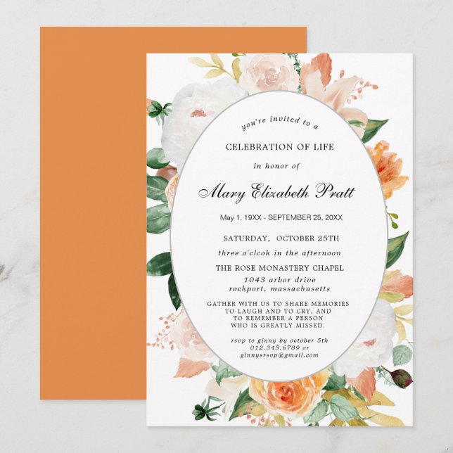 Terracotta White Pink Floral Celebration of Life I Invitation (Front/Back)