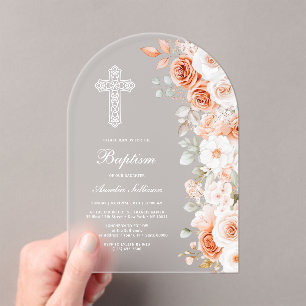 Terracotta White Roses Arch Baptism Acrylic Invitations