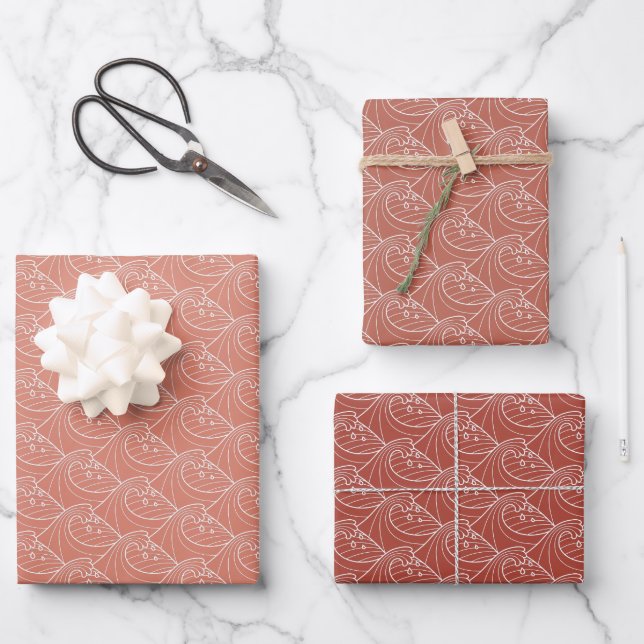 Terracotta White waves pattern Wrapping Paper Sheet (Front)