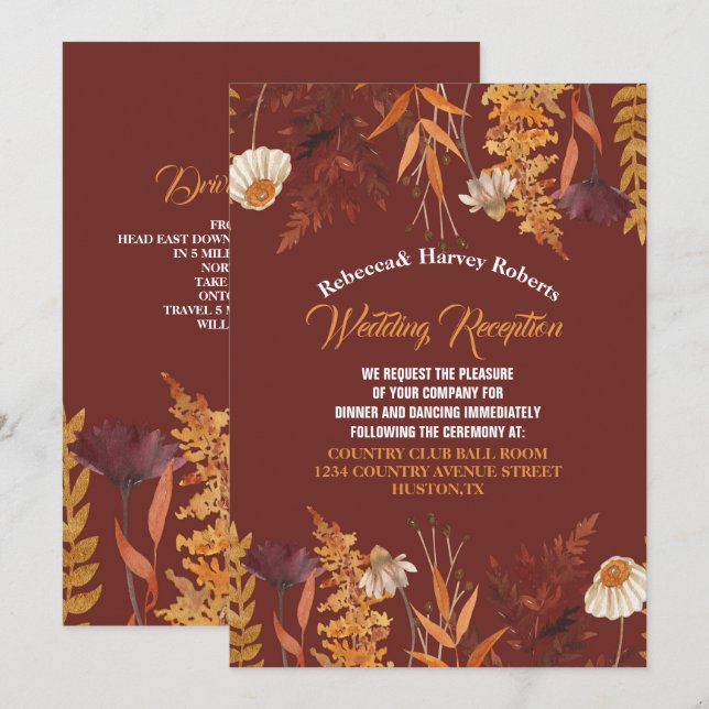 Terracotta Wildflower Autumn Wedding Reception Invitation (Front/Back)