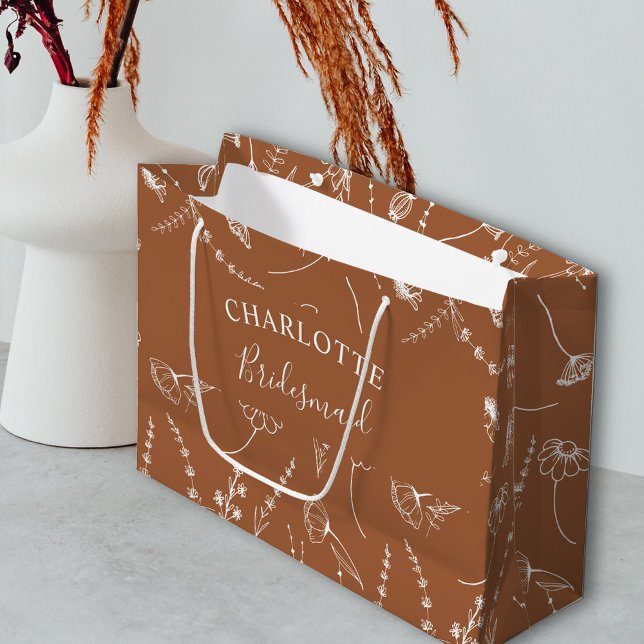Terracotta Wildflower Bridal Party Thank You Large Gift Bag (Bridesmaid Gift Bag in Terracotta Burnt Orange, from my Wildflower Sketch collection)