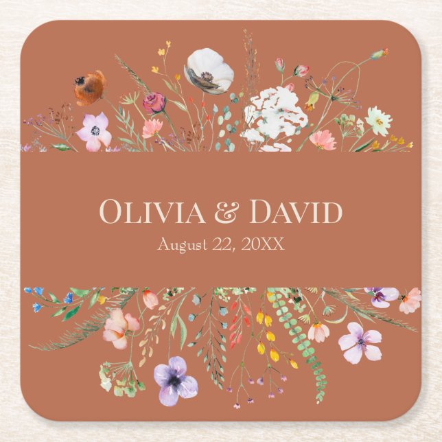 Terracotta Wildflower Meadow Wedding Square Paper Coaster (Front)