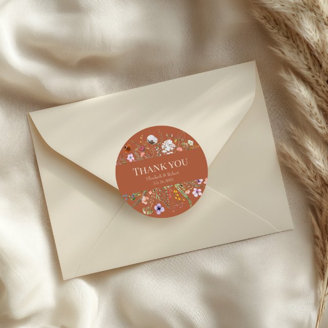 Terracotta Wildflower Meadow Wedding Thank You Classic Round Sticker (Terracotta Wildflower Meadow Wedding Thank You Classic Round Sticker on an elegant wedding envelope)