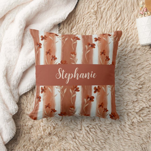 Terracotta Wildflower Monogram Name Boho  Cushion (Blanket)