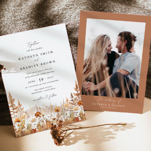 Terracotta Wildflower Mountain Photo Back Wedding Invitation