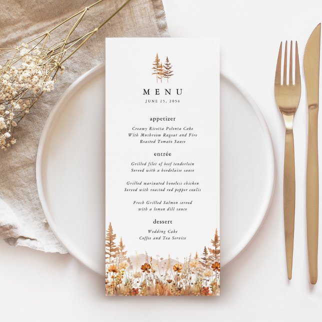 Terracotta Wildflower Mountain Wedding Reception Menu (Terracotta wildflower mountain wedding menu card, elegant boho rustic reception table menu)