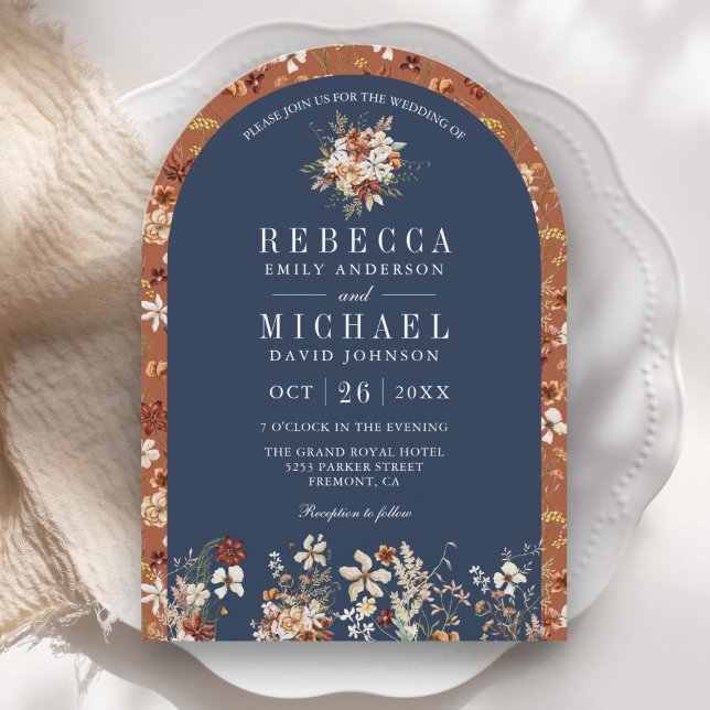 Terracotta Wildflower Navy Blue Arch Wedding Invitation (Creator Uploaded)