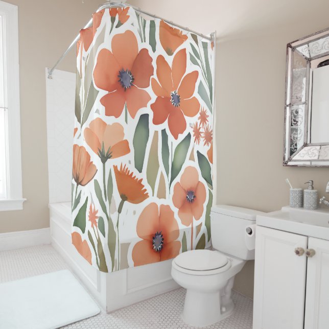 Terracotta Wildflower Rustic Boho Bathroom Decor Shower Curtain (In Situ)