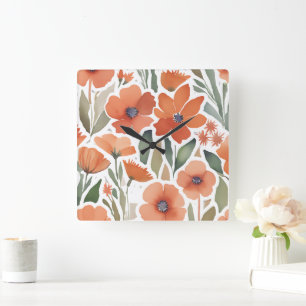Terracotta Wildflower Rustic Boho Wall Accent Square Wall Clock
