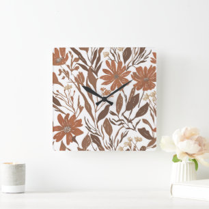 Terracotta Wildflower Rustic Boho Wall Accent Square Wall Clock