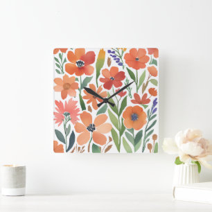 Terracotta Wildflower Rustic Boho Wall Accent Square Wall Clock