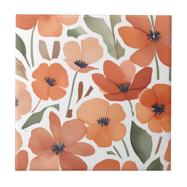 Terracotta Wildflower Rustic Boho Wall Accent Tile (Front)