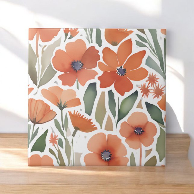 Terracotta Wildflower Rustic Boho Wall Accent  Tile (Creator Uploaded)