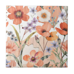 Terracotta Wildflower Rustic Boho Wall Accent  Tile