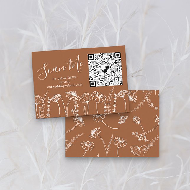 Terracotta Wildflower Sketch Online RSVP QR Code Enclosure Card (QR Code RSVP Card without Photo in Terracotta Burnt Orange, from my Wildflower Sketch collection)