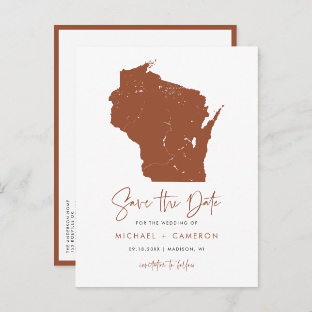 Terracotta Wisconsin Map QR Code Save the Date Announcement Postcard (Front/Back)