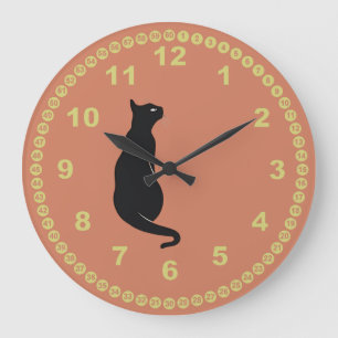 Terracotta with Black Cat and Yelllow Face Large Clock