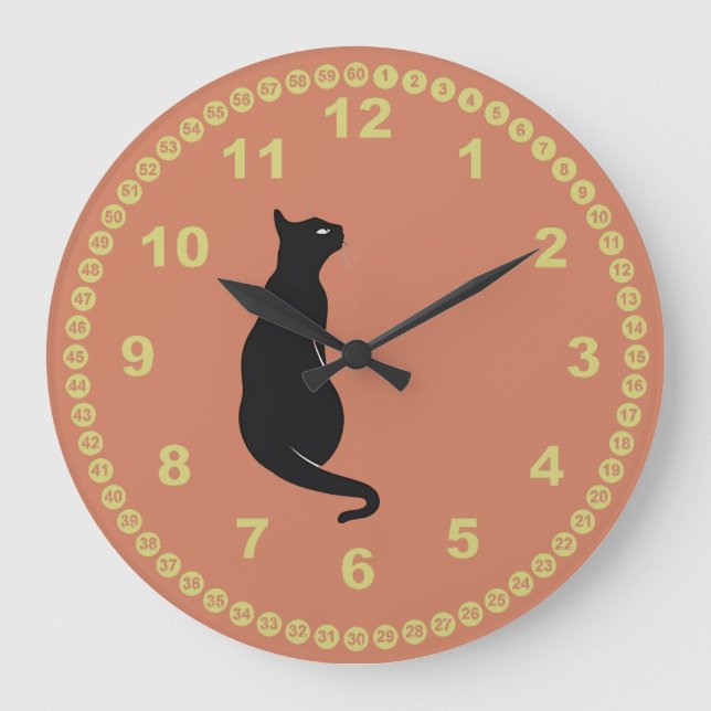 Terracotta with Black Cat and Yelllow Face Large Clock (Front)