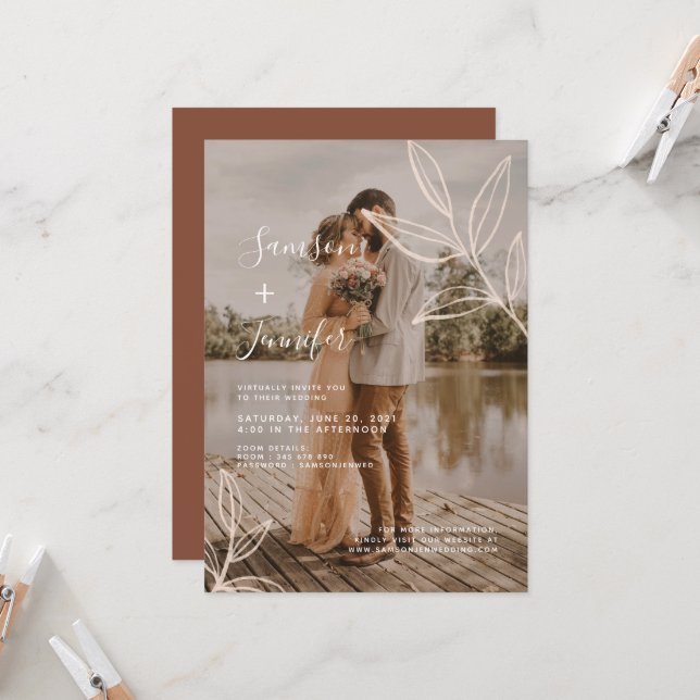Terracotta with Leaves Boho Photo Overlay Wedding Invitation (Front/Back In Situ)