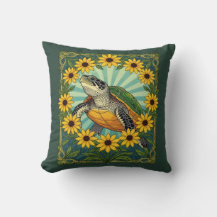 Terrapin And Black Eyed Susan Flowers Art Nouveau  Cushion