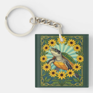 Terrapin And Black Eyed Susan Flowers Art Nouveau  Key Ring