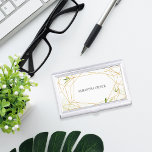 Terrarium | Geometric Botanical Personalised Business Card Holder<br><div class="desc">Elegant business card holder coordinates with our Terrarium collection,  featuring your name or company name framed by an intricate golden geometric border and tiny green watercolor leaves and foliage.</div>