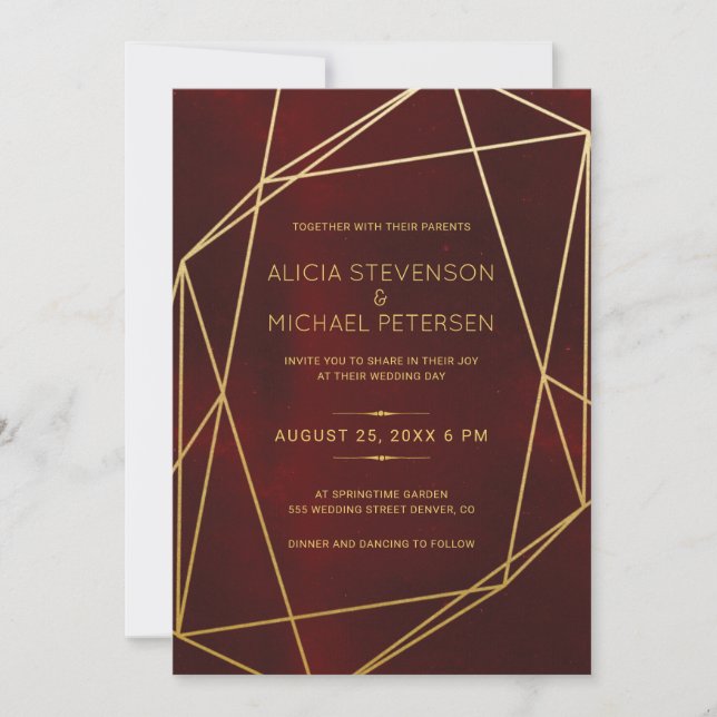 Terrarium gold geometric frame burgundy wedding invitation (Front)