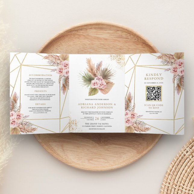 Terrarium Pampas Dusty Pink Roses QR Code Wedding Tri-Fold Invitation (Creator Uploaded)