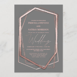 Terrarium Rose Gold Geo Linear Border Grey Wedding Invitation