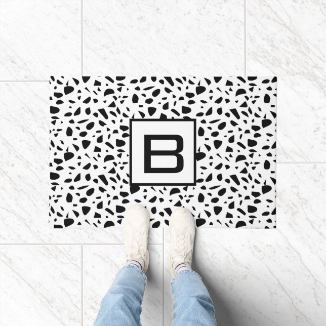 Terrazzo black white pattern monogram initial doormat (Indoor)
