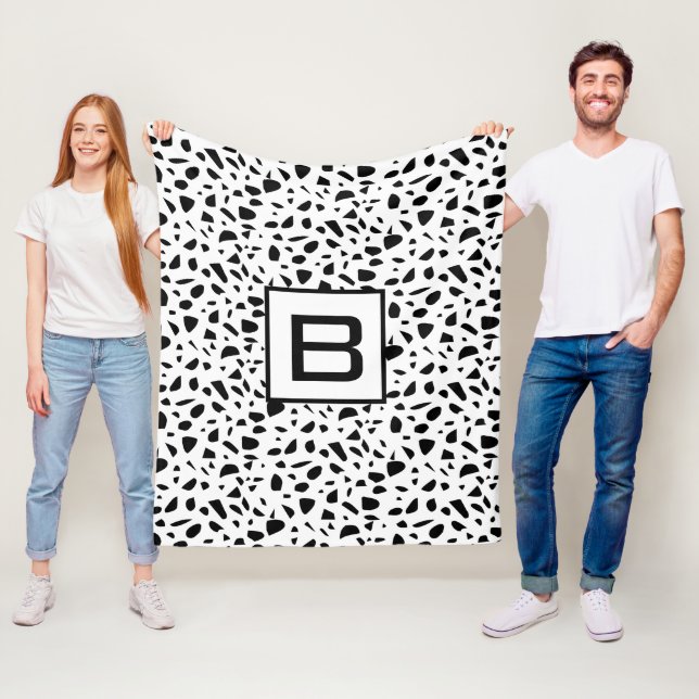 Terrazzo black white pattern monogram initial fleece blanket (In Situ)