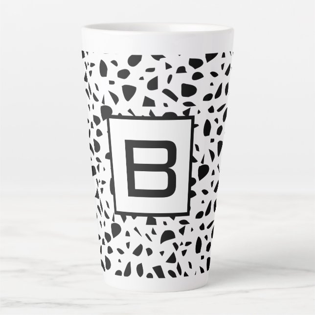 Terrazzo black white pattern monogram initial latte mug (Front)
