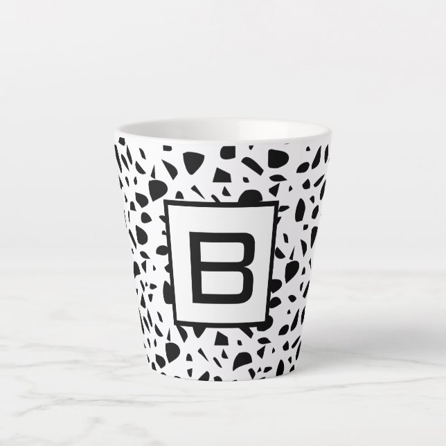 Terrazzo black white pattern monogram initial latte mug (Front)