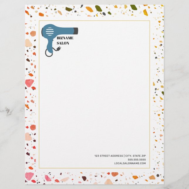 Terrazzo Blow Dryer Hair Salon Beauty Business Custom Letterhead (Front)