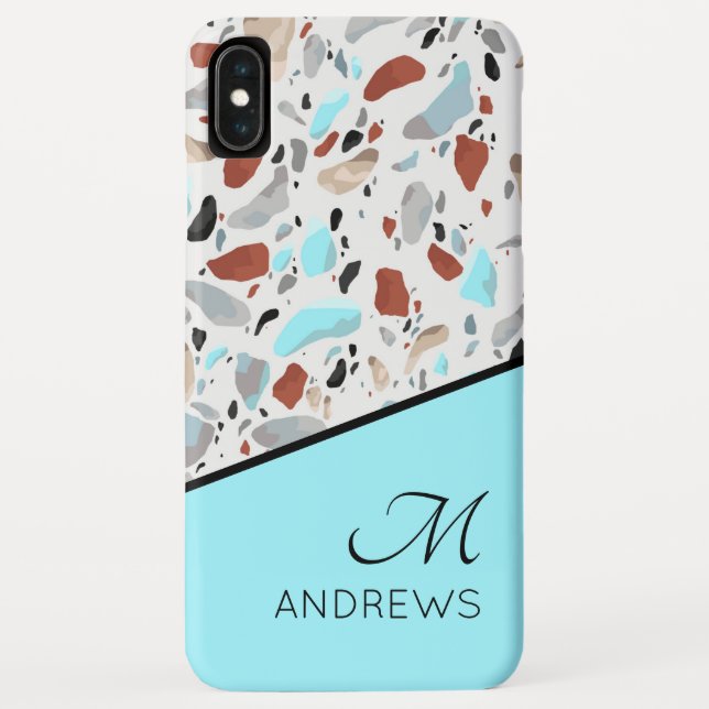 Terrazzo Blue Monogram Personalised Name Case-Mate iPhone Case (Back)