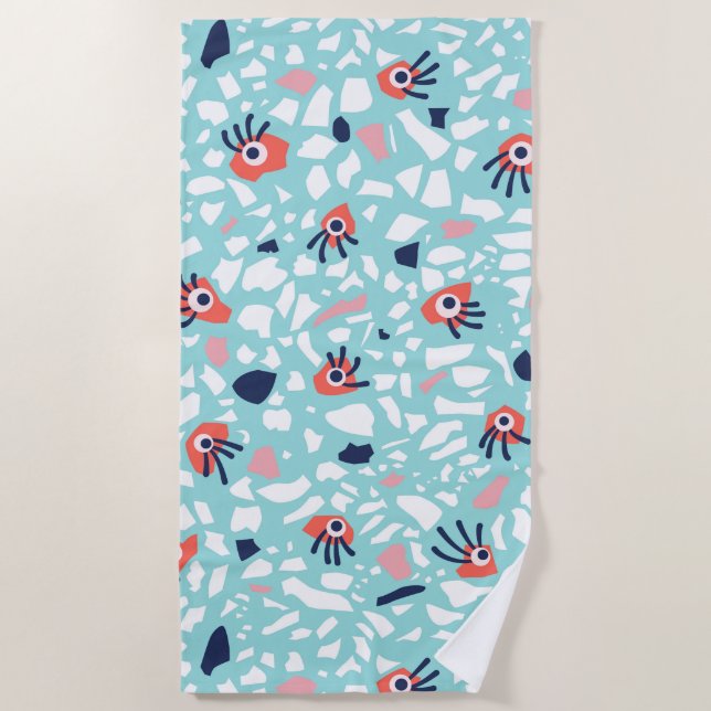Terrazzo Funny Geometric Pattern With Eyes Beach Towel (Front)
