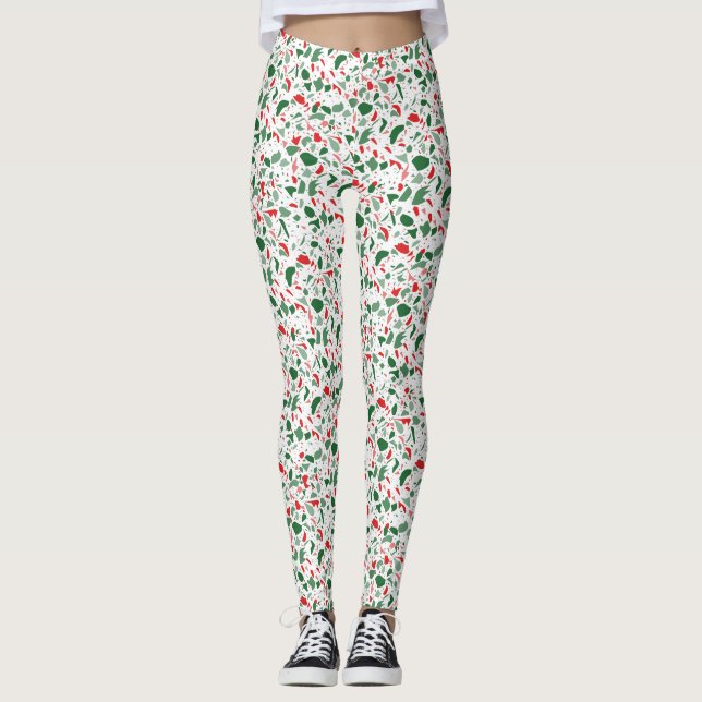 Terrazzo Green Red Christmas Pattern Holiday Leggings (Front)