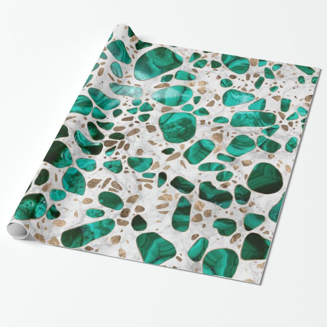 Terrazzo - Malachite and gold on marble #1 Wrapping Paper (Unrolled)