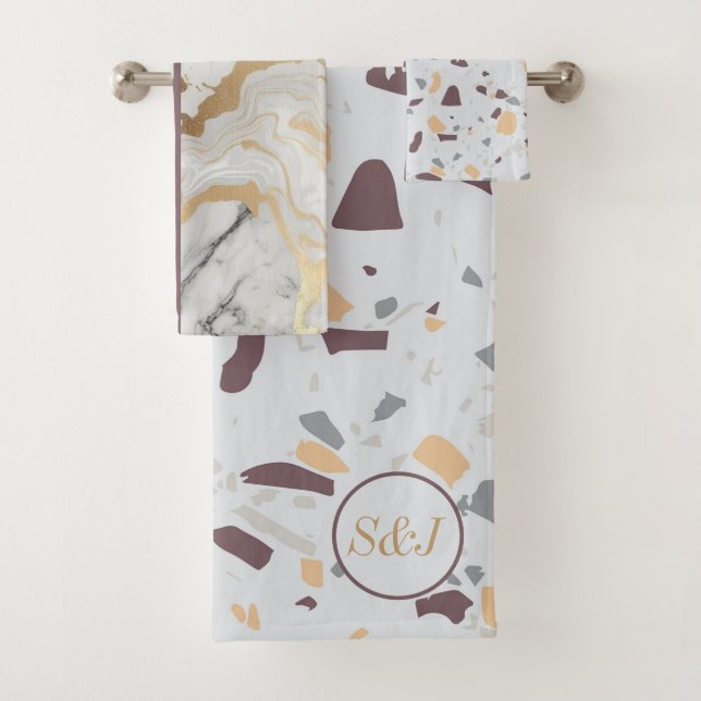 Terrazzo-Marble Pattern with Gold Custom Initials Bath Towel Set (Insitu)