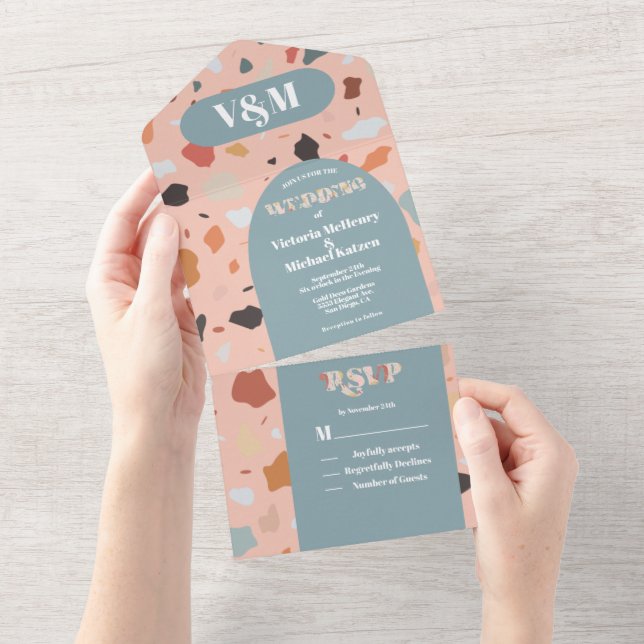 Terrazzo Modern Arch Wedding All In One Invitation (Tearaway)