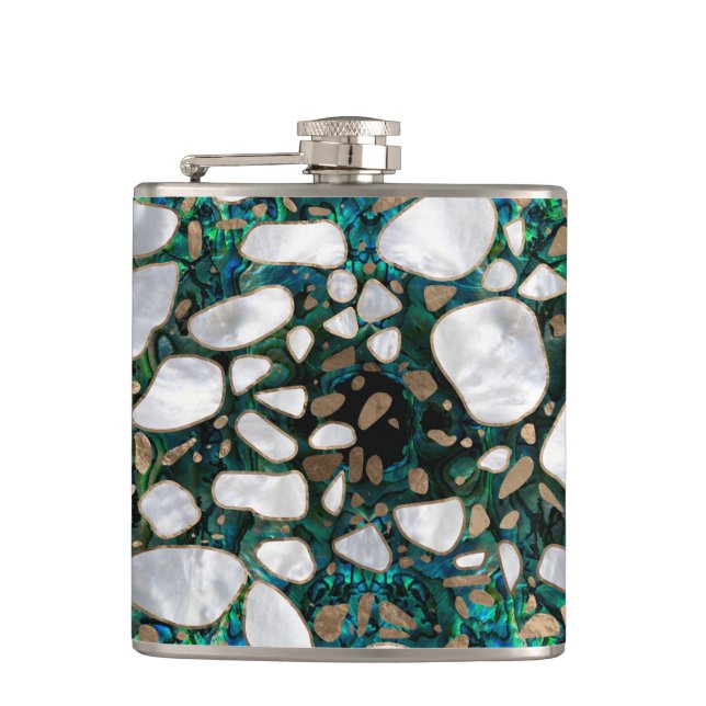 Terrazzo - Mosaic Abalone Pearl and Gold #5 Hip Flask (Front)