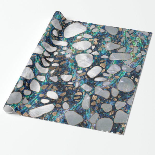 Terrazzo - Mosaic Abalone Pearl and Gold #7 Wrapping Paper (Unrolled)